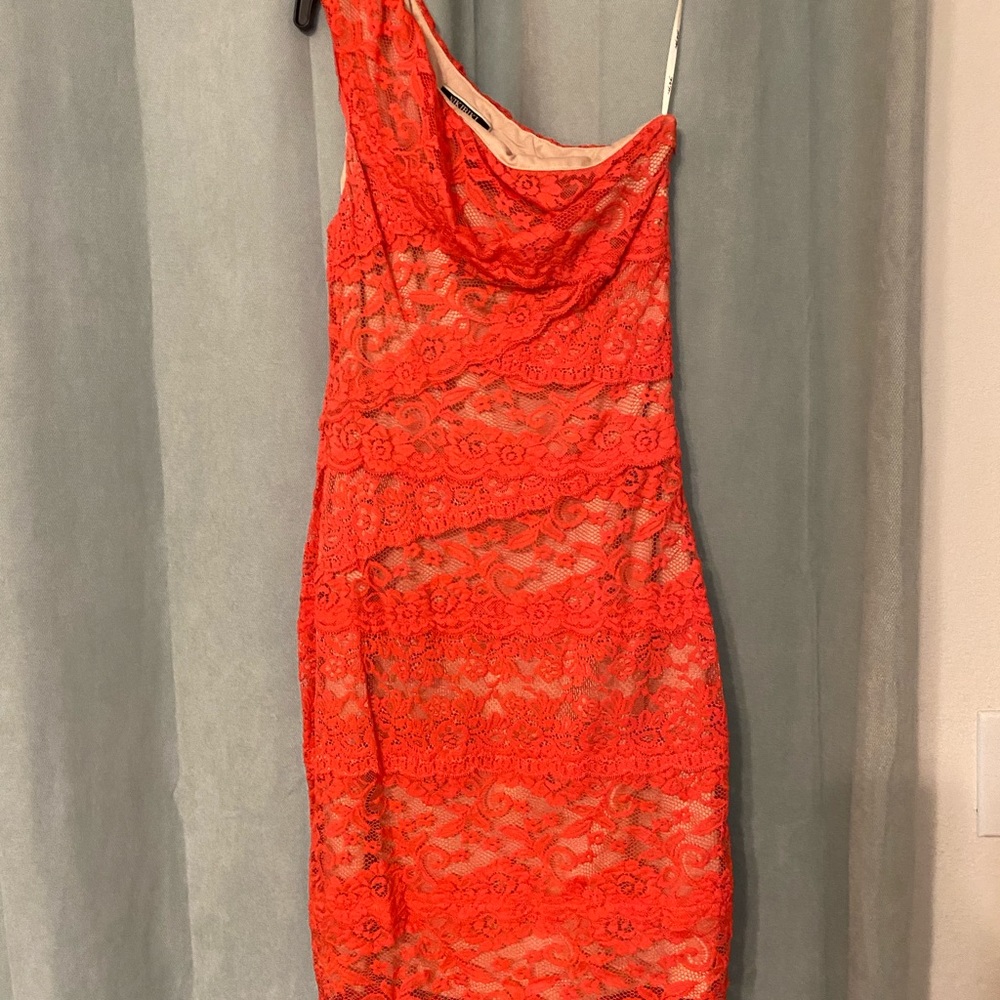 Coral pink lace one shoulder dress